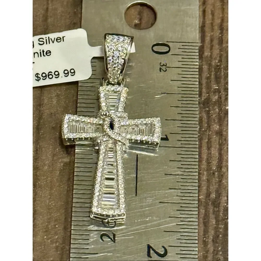 Luxurious 1.34CT Moissanite Baguette Cross Necklace Pendant 925 Sterling Silver